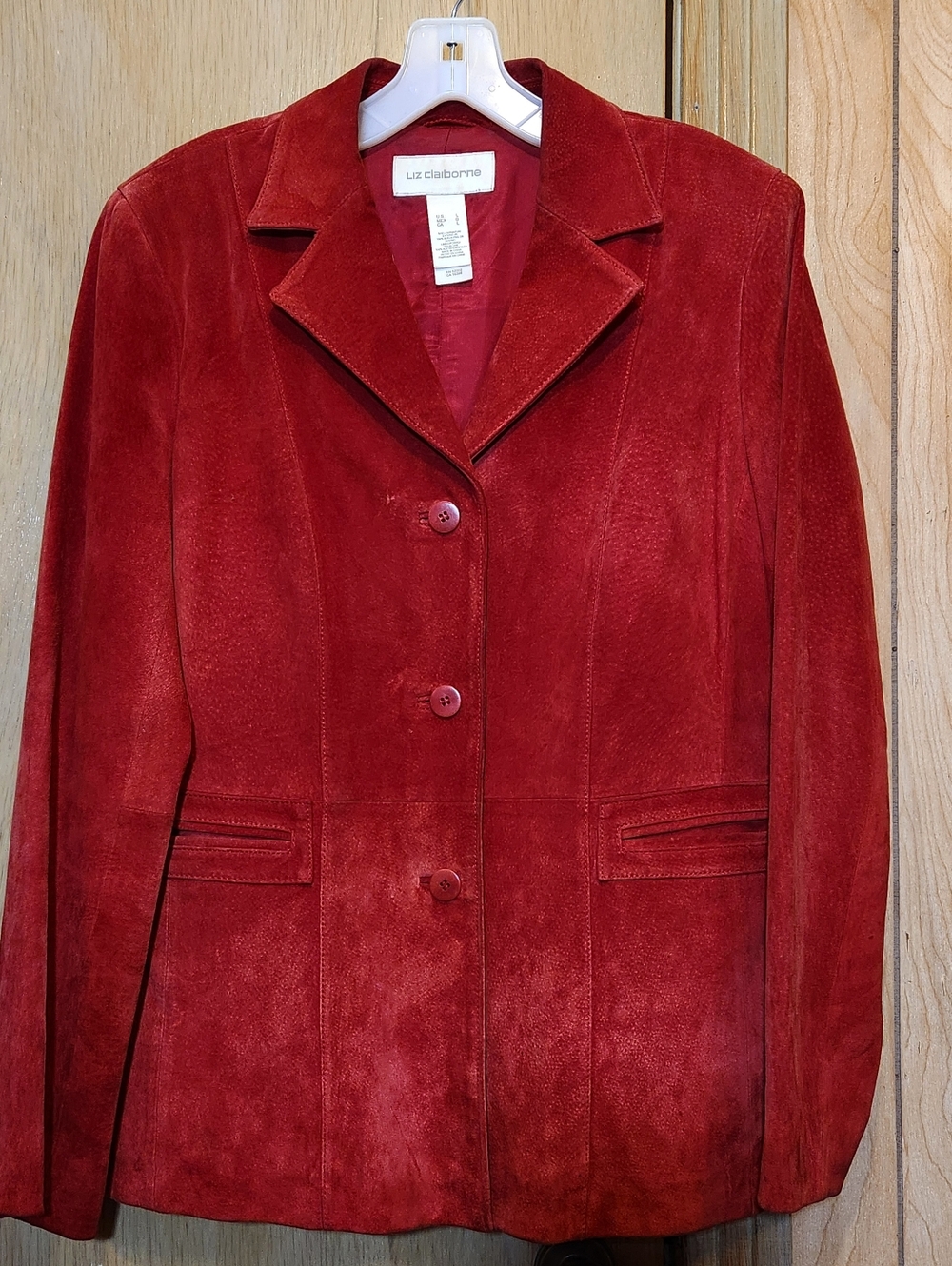 Vintage Liz Claiborne 100% Suede Jacket Womens Sz Lrg Cherry Red Shoulder Pads